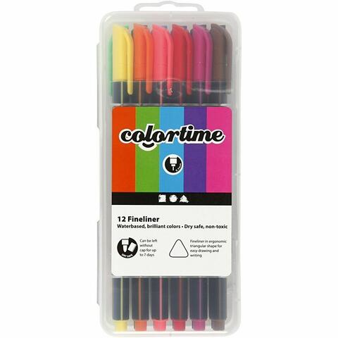Colortime Fineliner Pens in Case, Assorted Colour 12 Pack